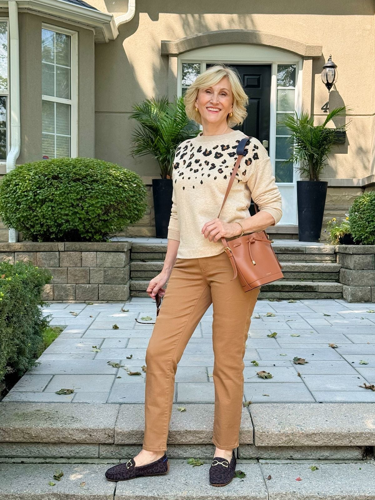 Beige Leopard Print Sweater with Tan Trousers Beige Leopard Print Sweater with Tan Trousers — Classy Zoo Outfits