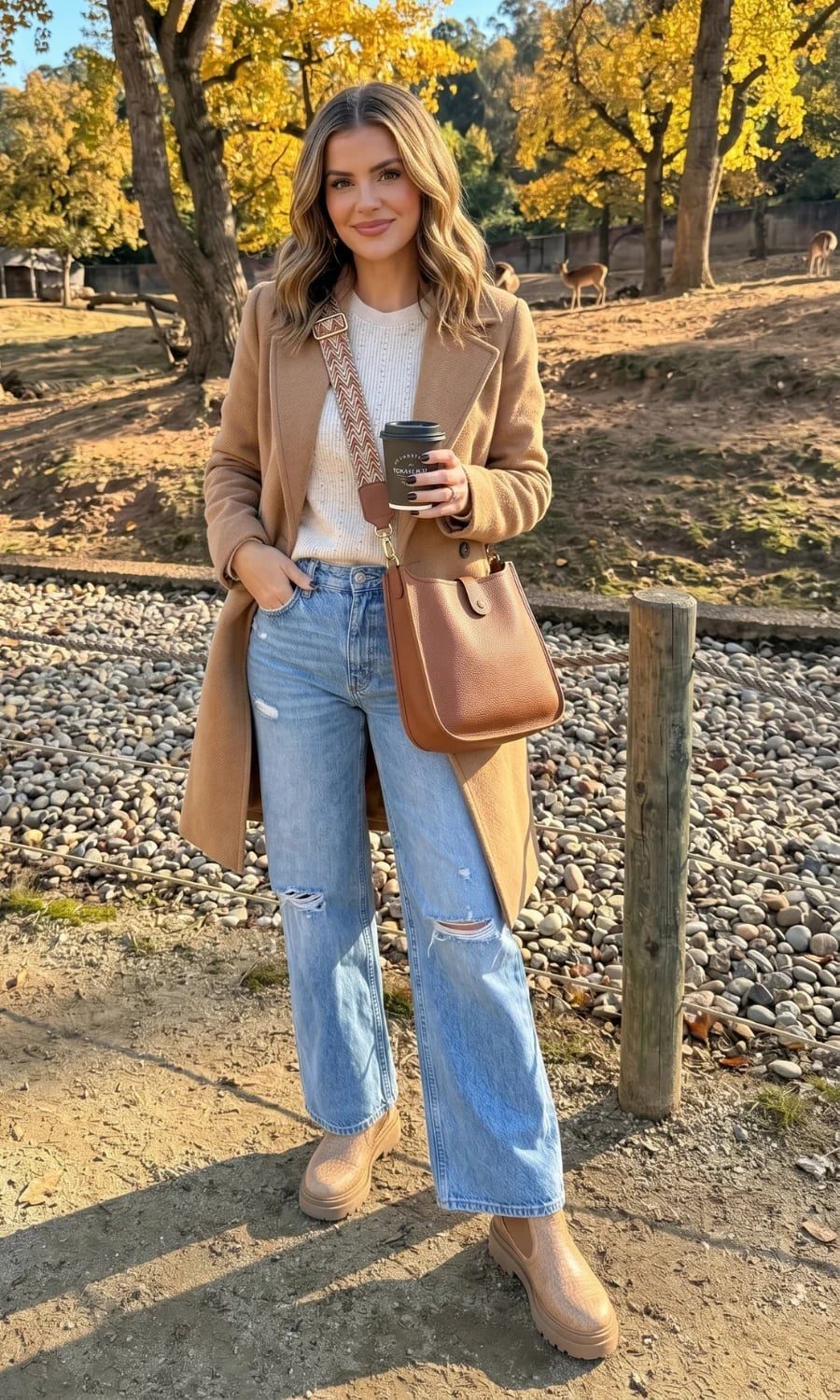 Camel Coat Over Cream Sweater and Light Blue Jeans Camel Coat Over Cream Sweater and Light Blue Jeans — Classy Zoo Outfits
