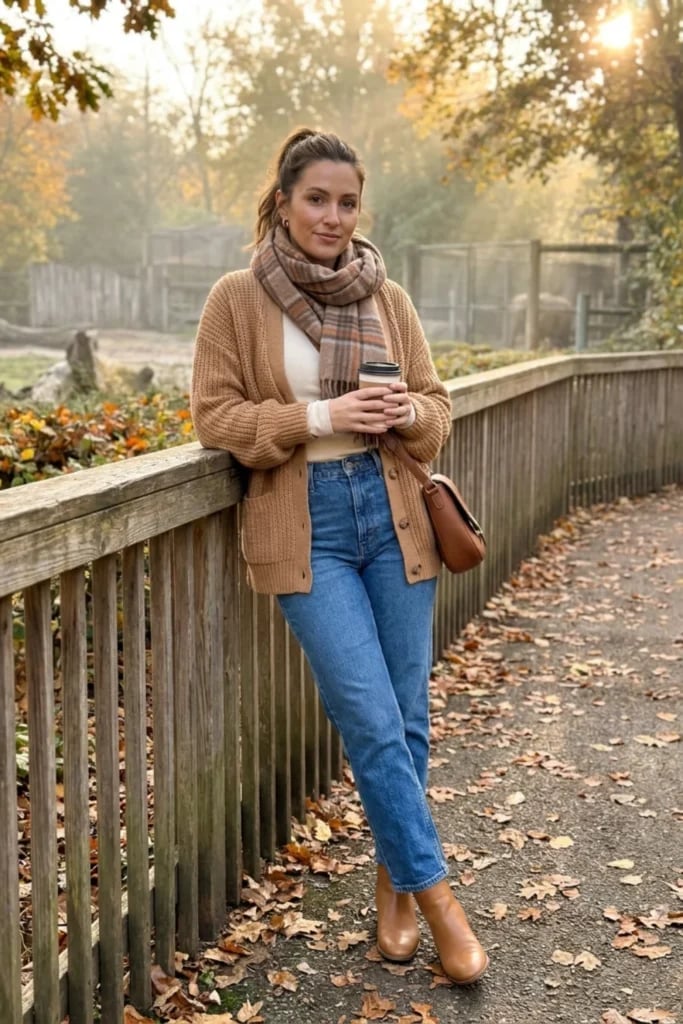 Camel Cardigan with Cream Top and Blue Jeans Camel Cardigan with Cream Top and Blue Jeans — Classy Zoo Outfits