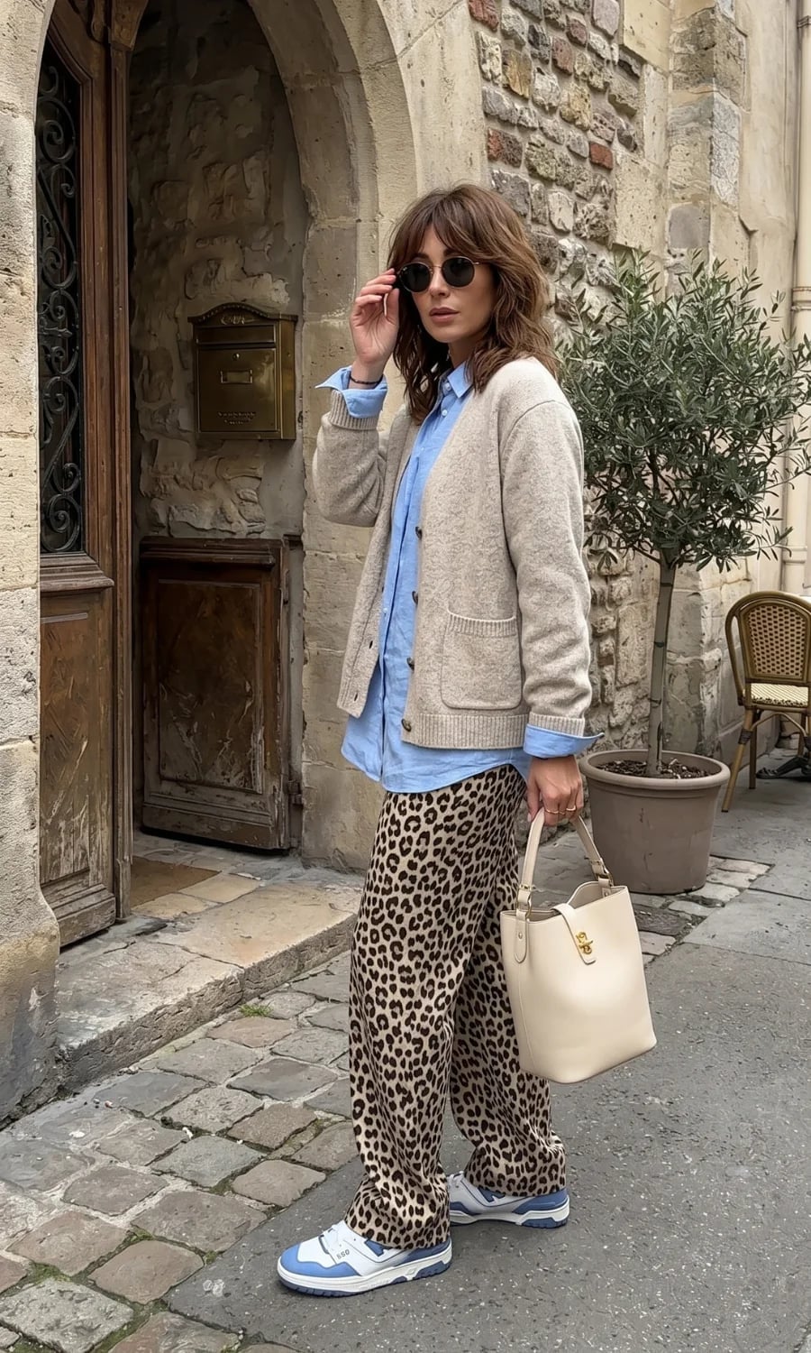 Leopard Print Wide-Leg Trousers with Blue Shirt and Beige Cardigan Leopard Print Wide-Leg Trousers with Blue Shirt and Beige Cardigan — Classy Zoo Outfits