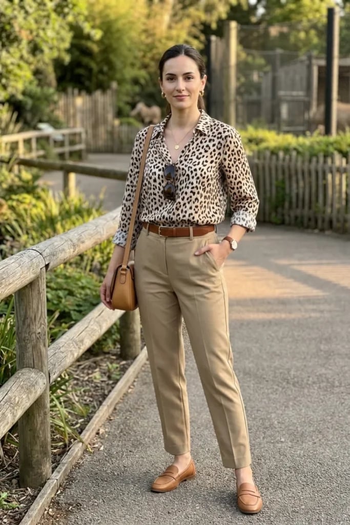 Leopard Print Silk Shirt with Tan Trousers Leopard Print Silk Shirt with Tan Trousers — Classy Zoo Outfits