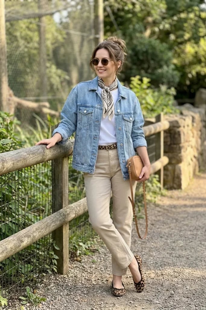 Denim Jacket Over White Tee with Linen Trousers Denim Jacket Over White Tee with Linen Trousers — Classy Zoo Outfits