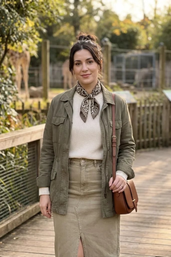 Green Utility Jacket with Cream Sweater and Beige Skirt Green Utility Jacket with Cream Sweater and Beige Skirt — Classy Zoo Outfits