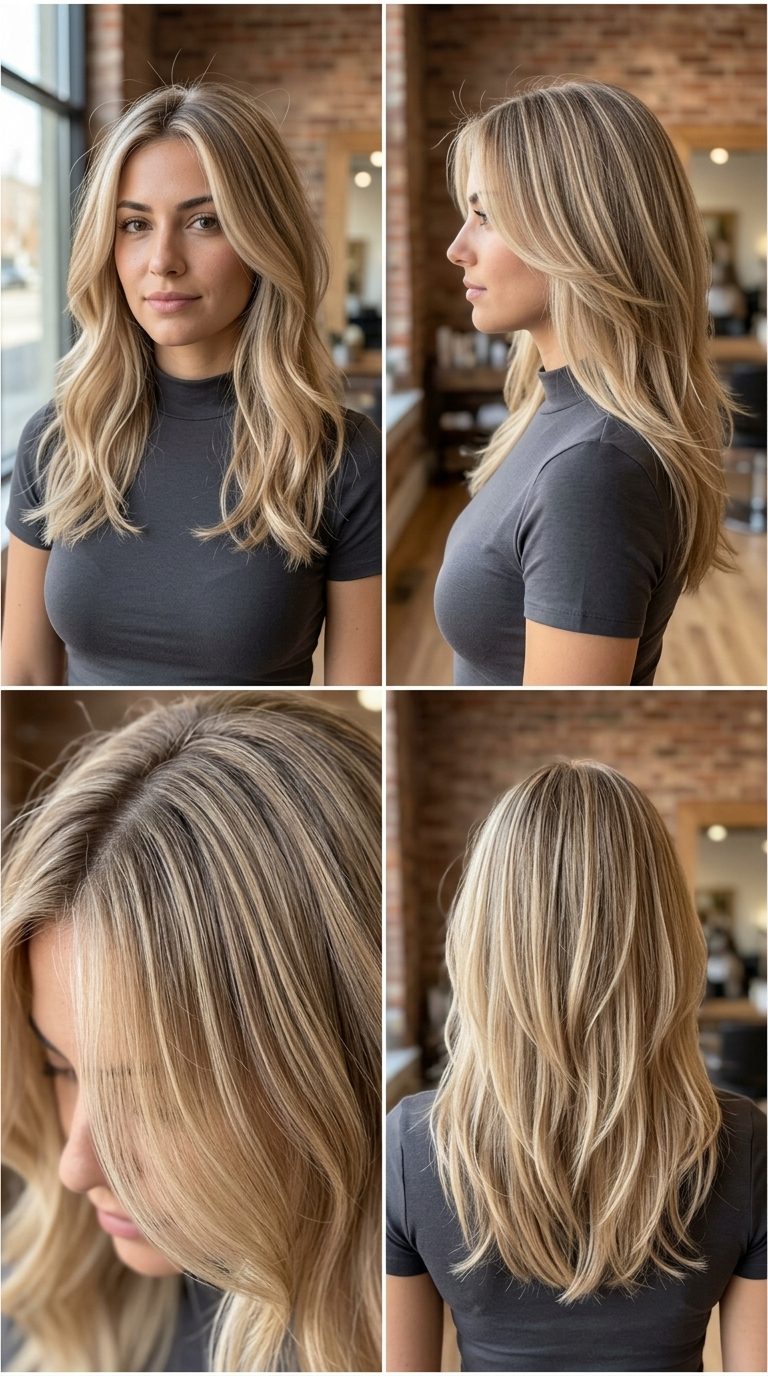 Sandy Halo Highlights 2026: Medium Length medium-length sandy beige blonde hair with halo highlights and soft layers