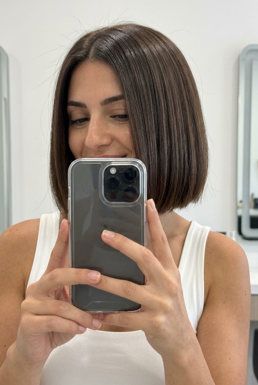 chin-length bob espresso brunette with neutral-cool tones, blunt perimeter, no fringe — minimalist sleek
