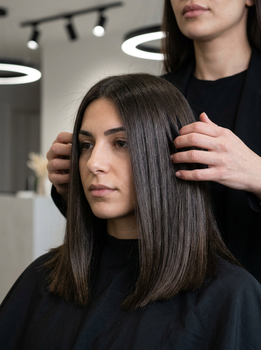 collarbone-length midi haircut espresso brunette with ash undertones, blunt perimeter, sleek — professional chic