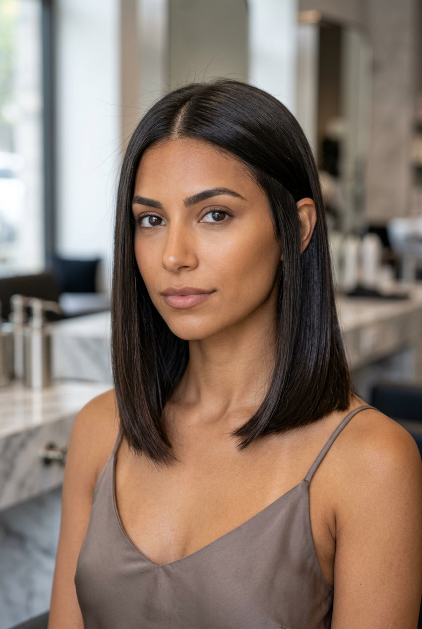 collarbone-length midi cut espresso brunette with center part, blunt perimeter for modern look