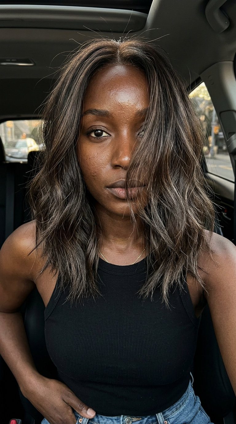 shoulder-length lob espresso brunette with razor-cut ends, soft internal layers for edgy style