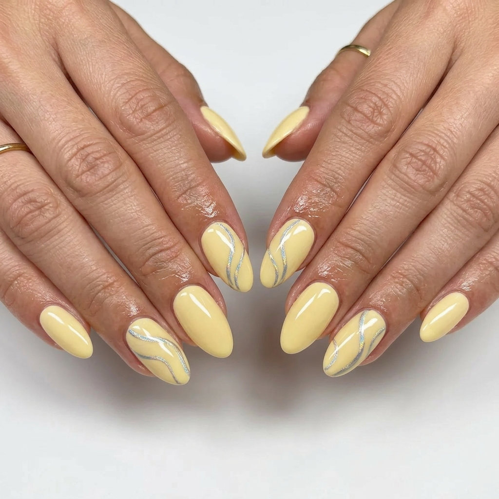 Butter Yellow Holographic Nails 2026 | Joyful Summer Whimsical butter yellow gel nails with holographic silver abstract lines for a joyful summer outing. Colourful summer nails 2026.