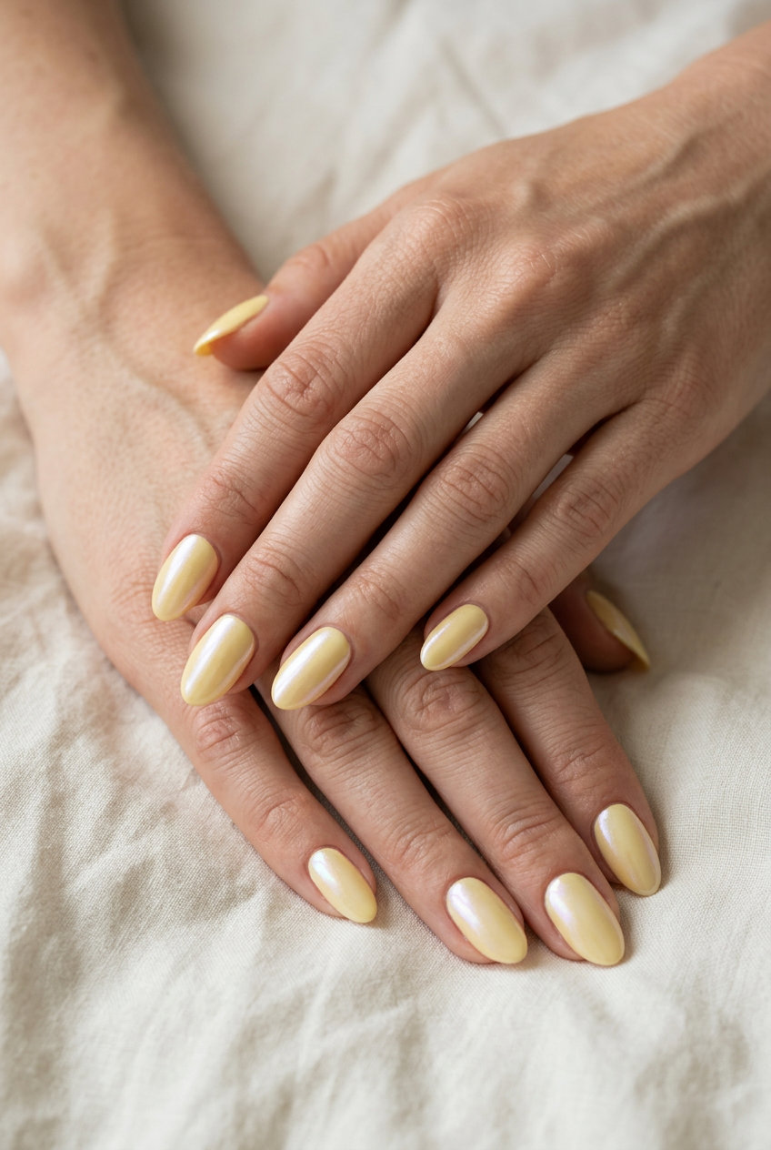 Butter Yellow Pearlescent Oval Nails 2026 | Sophisticated Party Romantic butter yellow oval nails with a pearlescent sheen for a sophisticated garden party. Colourful summer nails 2026.