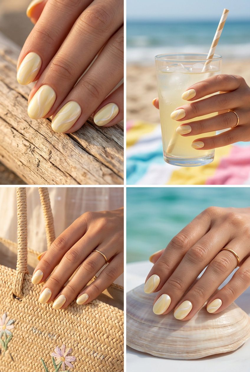 Butter Yellow Pearlescent Swirls 2026 | Romantic Spring Romantic butter yellow gel nails with pearlescent pink-gold swirls for a soft spring event. Colourful summer nails 2026.