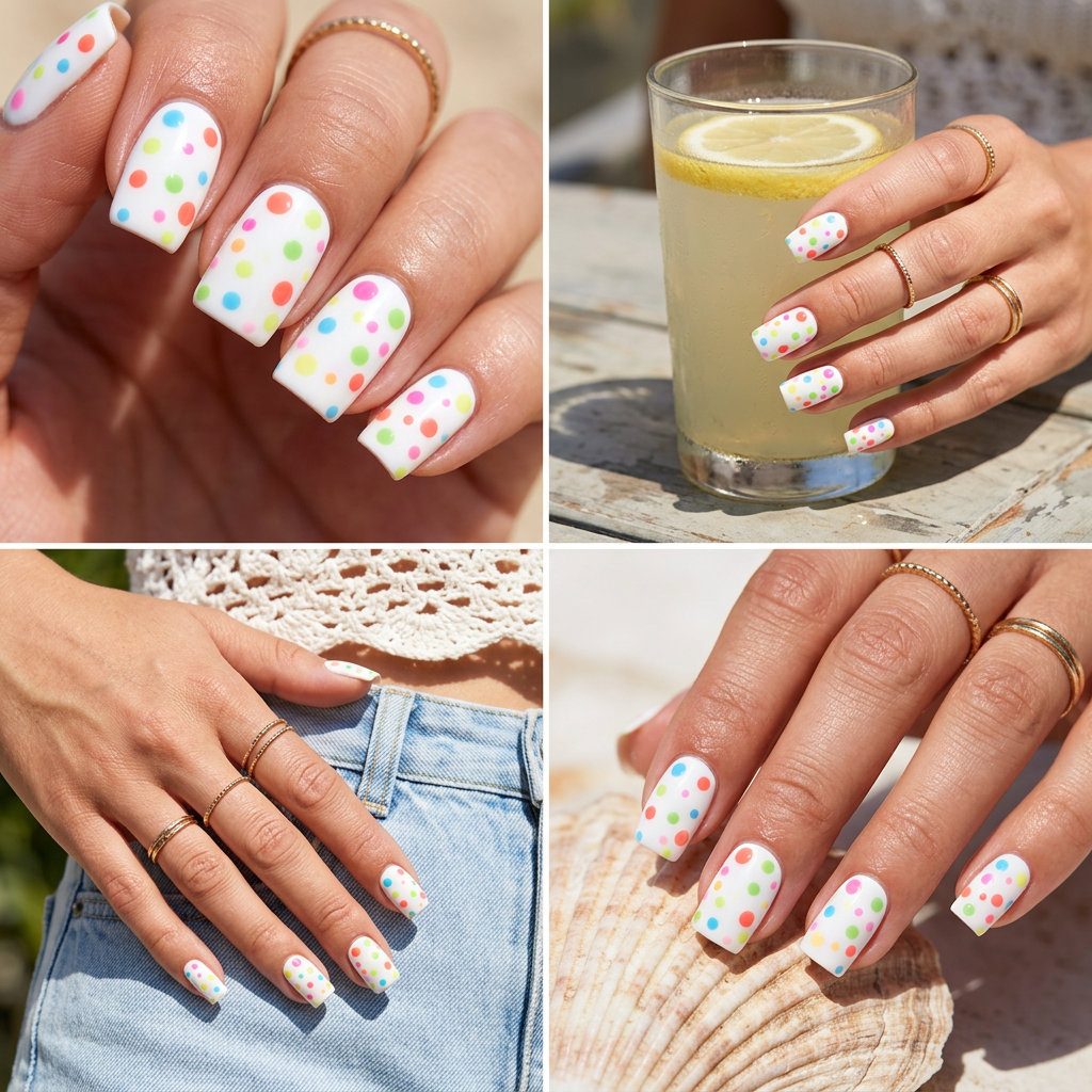 Confetti Dot Party Nails | Colourful Summer Nails 2026 Confetti Dot Party nails: white base with multicolor dots. Colourful summer nails 2026 festival style.