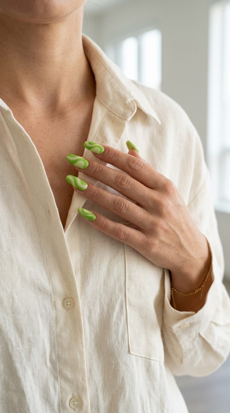 Edgy Green Negative Space Swirls 2026: Modern Play Edgy green negative space swirl nails for summer 2026. Modern, playful style for concerts.