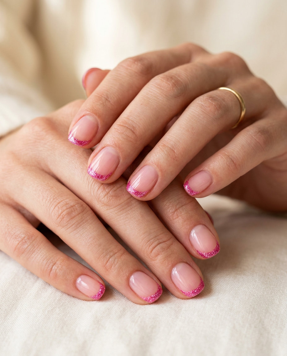 Hot Pink Glitter French Nails 2026 | Festive Summer Playful hot pink glitter micro French tips on a natural pink base for a festive summer party look. Colourful summer nails 2026.