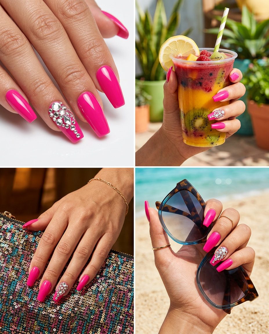 Hot Pink Rhinestone Nails | Colourful Summer Nails 2026 Hot Pink Rhinestone Accent nails: bold fuchsia with sparkling clear rhinestones. Colourful summer nails 2026 party look.