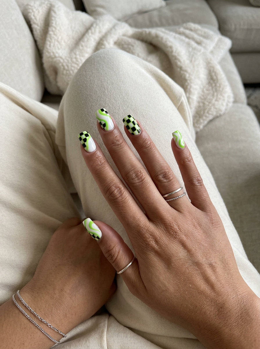 Lime Green Checkerboard Swirls 2026: Retro Vibes Lime green checkerboard swirl nails for summer 2026. Retro, edgy style for casual outings.