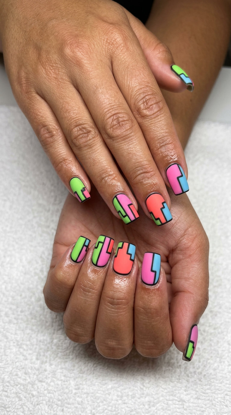 Pixelated Neon Block Nails 2026: Retro Gaming Pixelated neon block nails for summer 2026. Edgy, retro style with vibrant colors and matte finish.