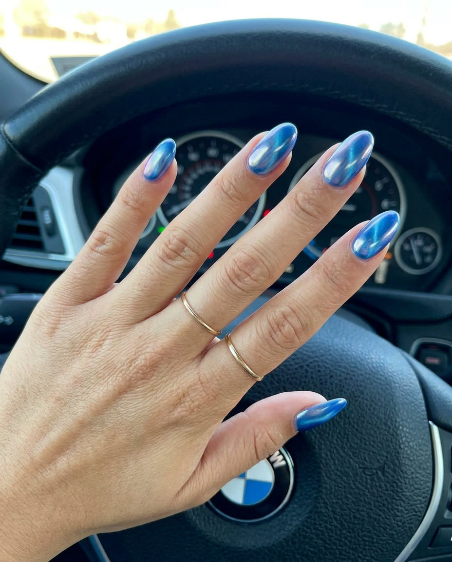 Celestial Glazed Cat-Eye Nails 2026 | Glamorous Evening Glamorous sky blue glazed donut cat-eye nails for an ethereal evening event. Colourful summer nails 2026.