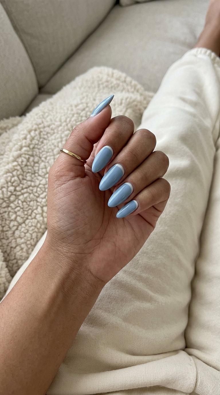 Sky Blue Daydream French Nails 2026: Chic Simplicity Sky blue daydream reverse French nails for summer 2026. Sophisticated, minimalist style.