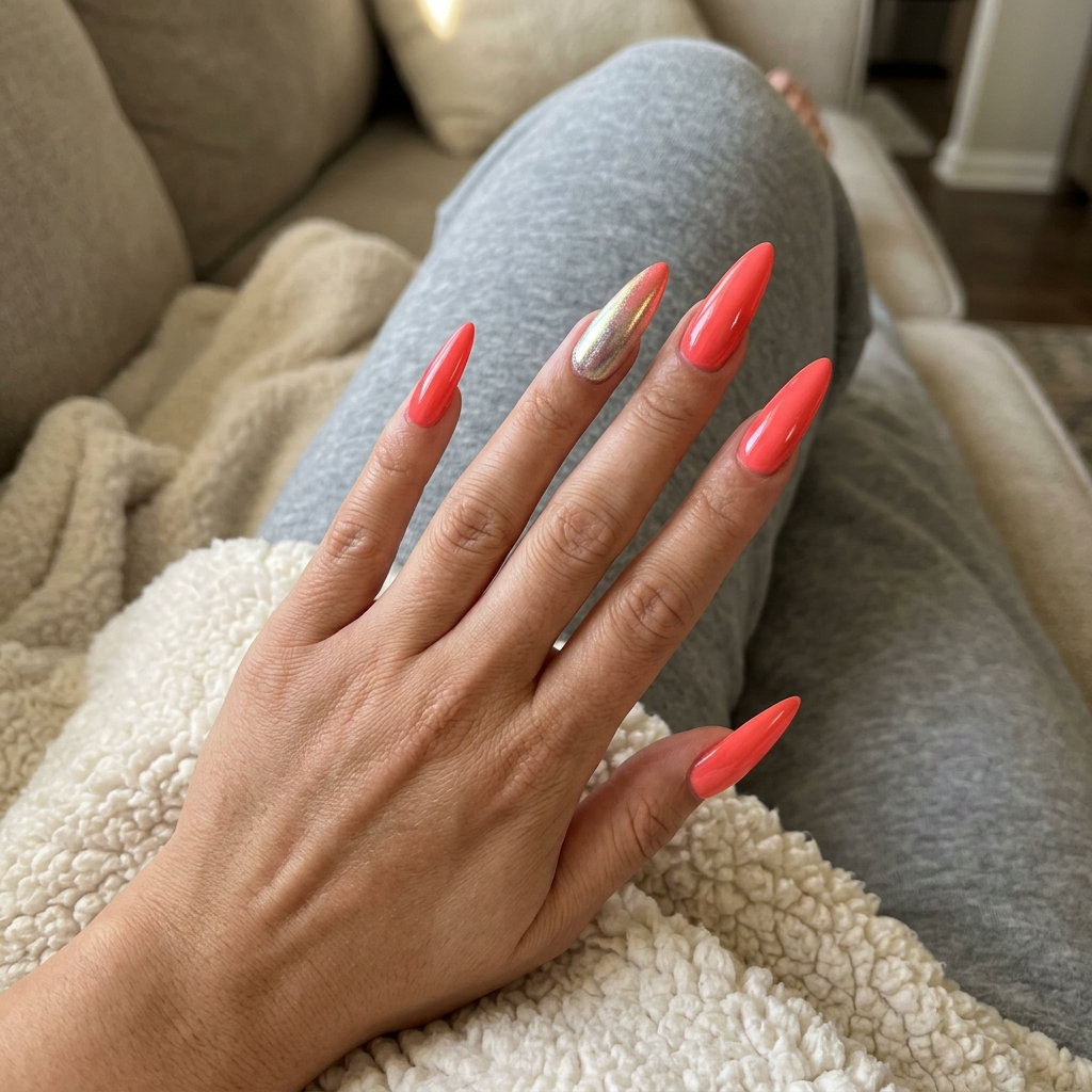Vivid Coral Chrome Nails 2026: Party Glam Vivid coral chrome accent nails for summer events 2026. Almond shape, glossy finish with iridescent chrome.
