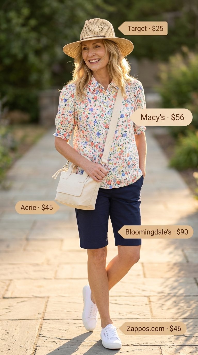 Comfortable summer outfit for women over 60 2026: Navy Bermuda shorts, floral peasant blouse, white sneakers for casual brunch.