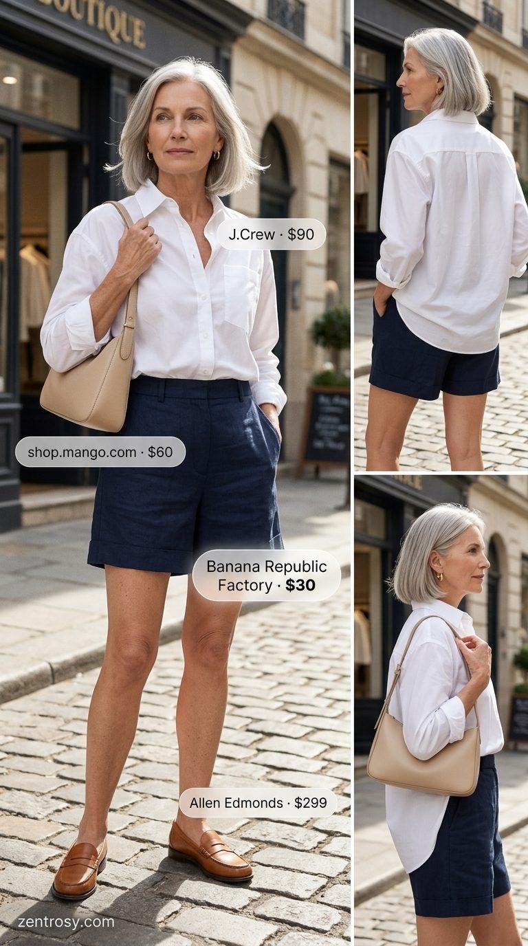 Comfortable summer outfit for women over 60 2026: Soft blue linen shorts with white button-down and loafers.