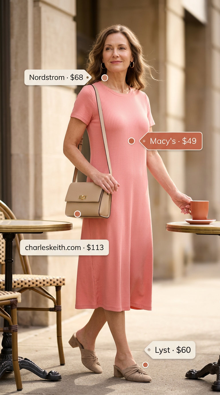 Comfortable summer outfit for women over 60 2026: Coral knit midi dress, beige block heels, structured crossbody for lunch.