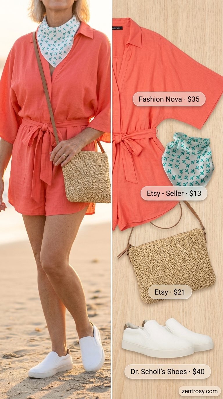 Comfortable summer outfit for women over 60 2026: Coral linen romper with white sneakers and straw bag.