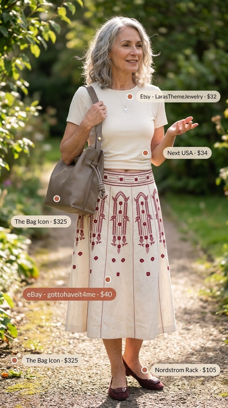 Comfortable summer outfit for women over 60 2026: Ecru embroidered midi skirt, cream tee, burgundy flats for a casual day out.