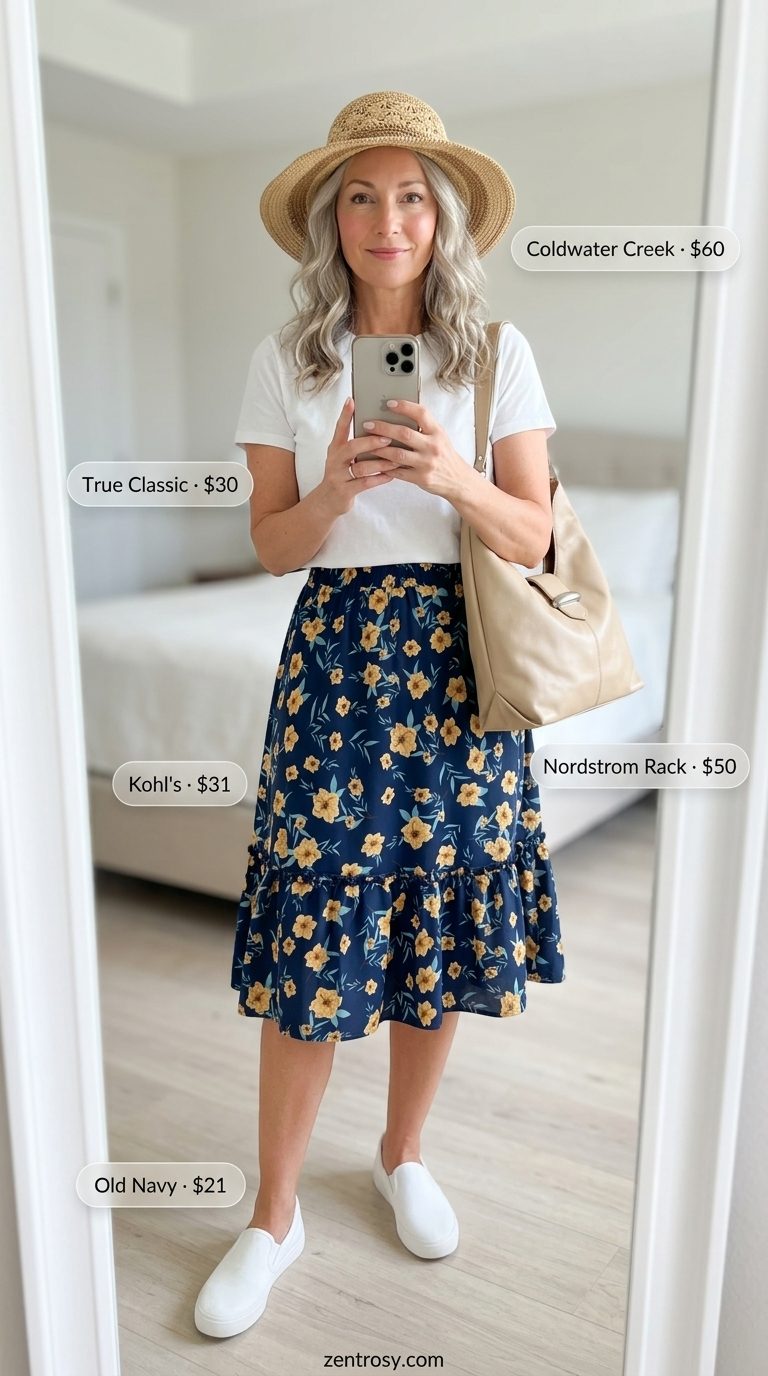 Comfortable summer outfit for women over 60 2026: Navy floral midi skirt with white tee and sneakers.