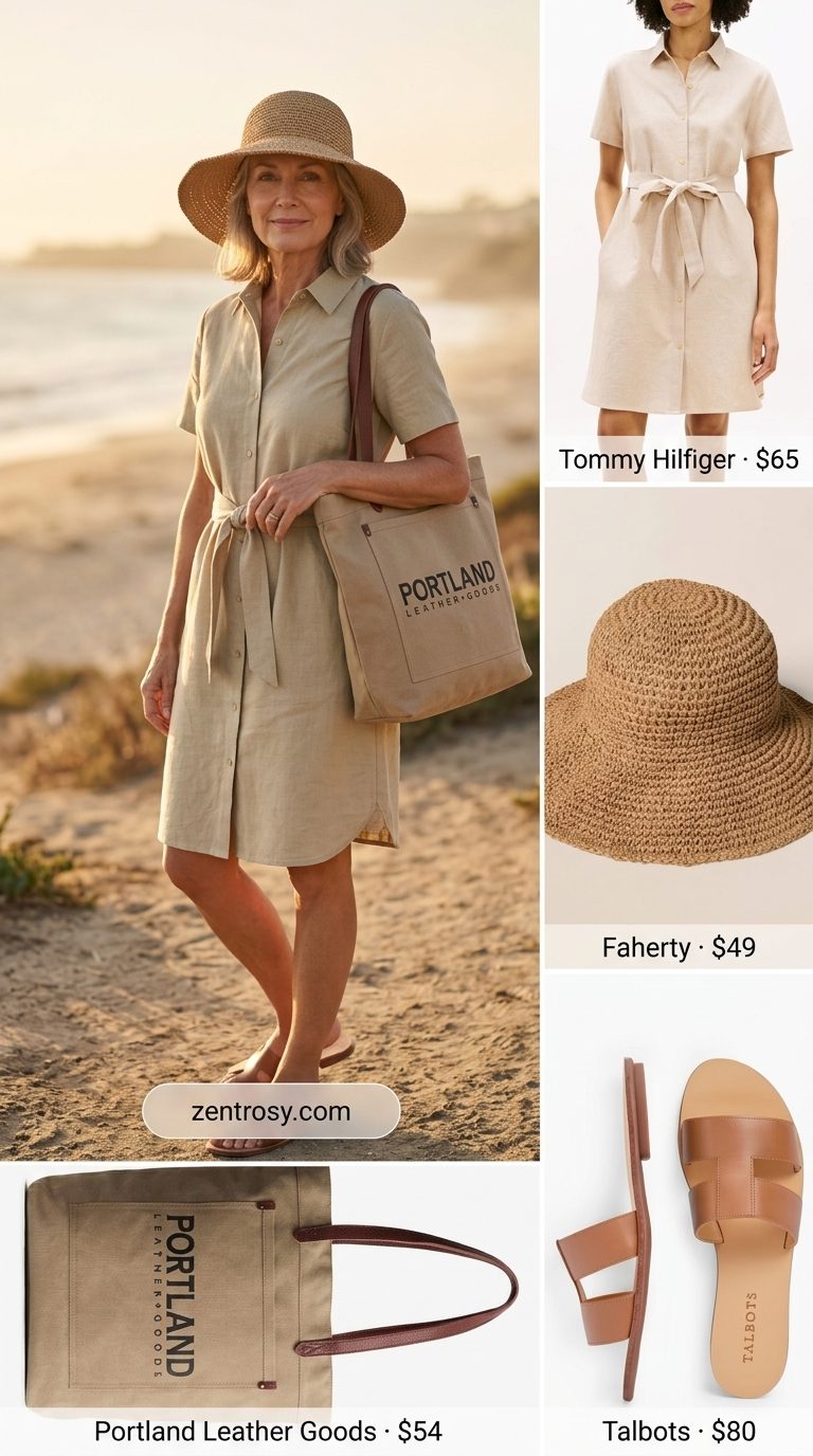 Comfortable summer outfit for women over 60 2026: Light khaki linen shirtdress, tan slides, straw hat for casual daytime.