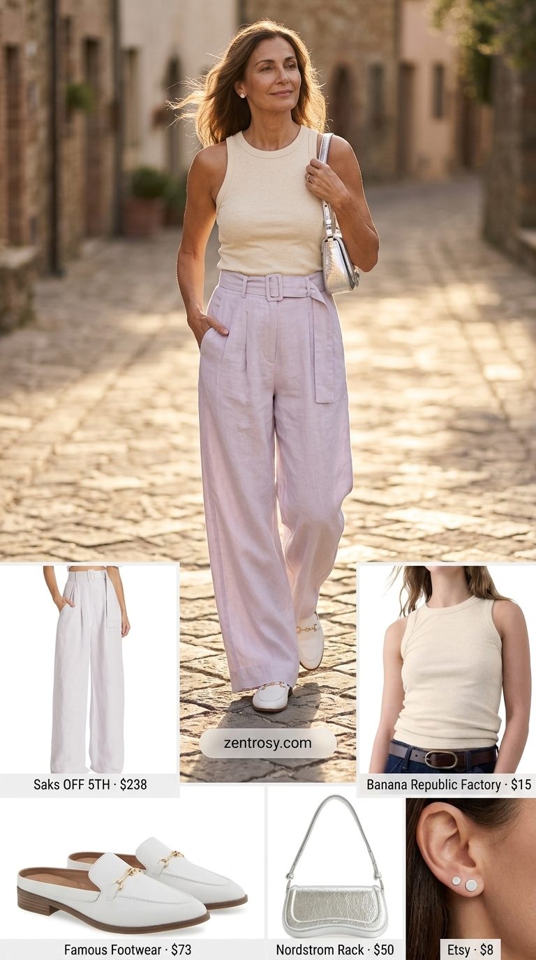 Comfortable summer outfit for women over 60 2026: Lavender wide-leg trousers, cream ribbed tank, white mules for casual outings.