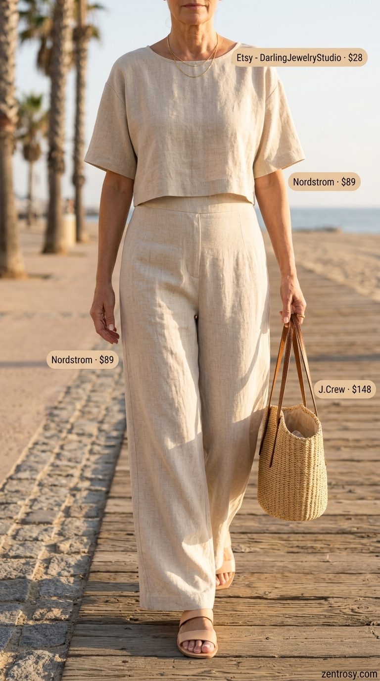 Comfortable summer outfit for women over 60 2026: Cream linen set with wide-leg pants and oversized shirt.