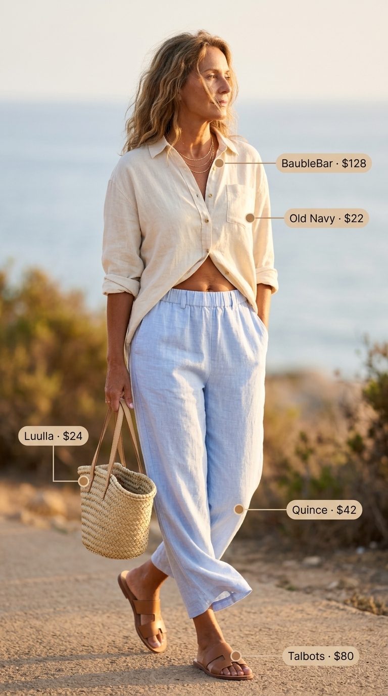 Comfortable summer outfit for women over 60 2026: Soft blue linen pants, cream oversized shirt, natural leather slides for beach day.