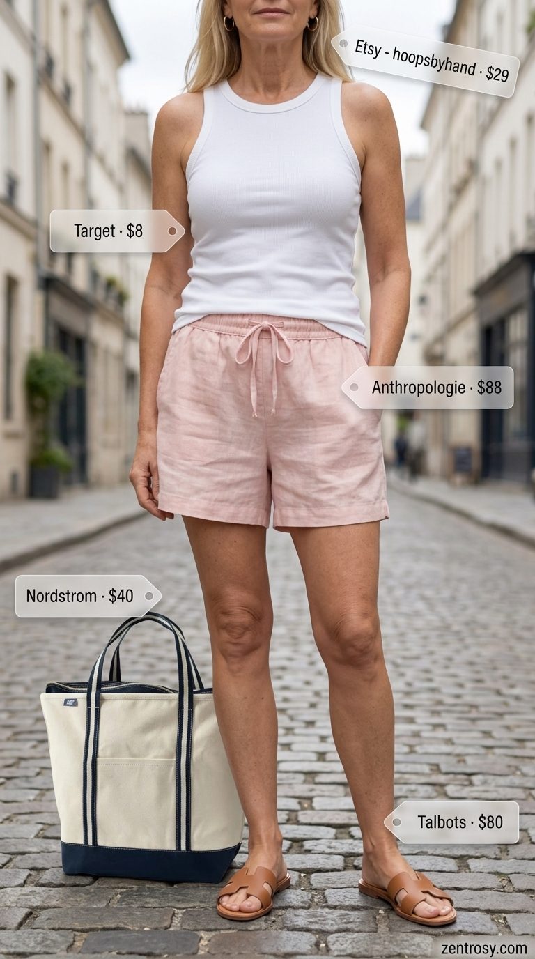 Comfortable summer outfit for women over 60 2026: Dusty pink linen shorts, white ribbed tank, tan slides for weekend relaxation.