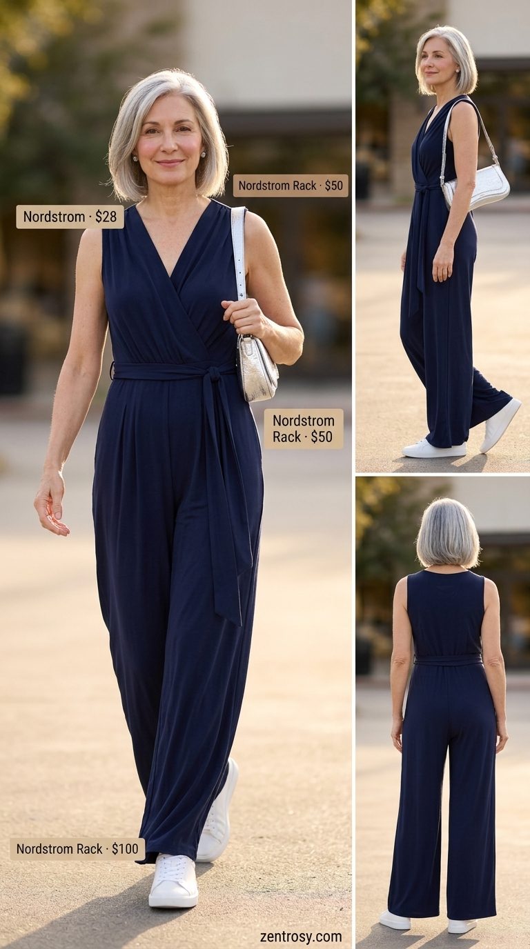 Comfortable summer outfit for women over 60 2026: Navy wide-leg jumpsuit with white sneakers and silver bag.