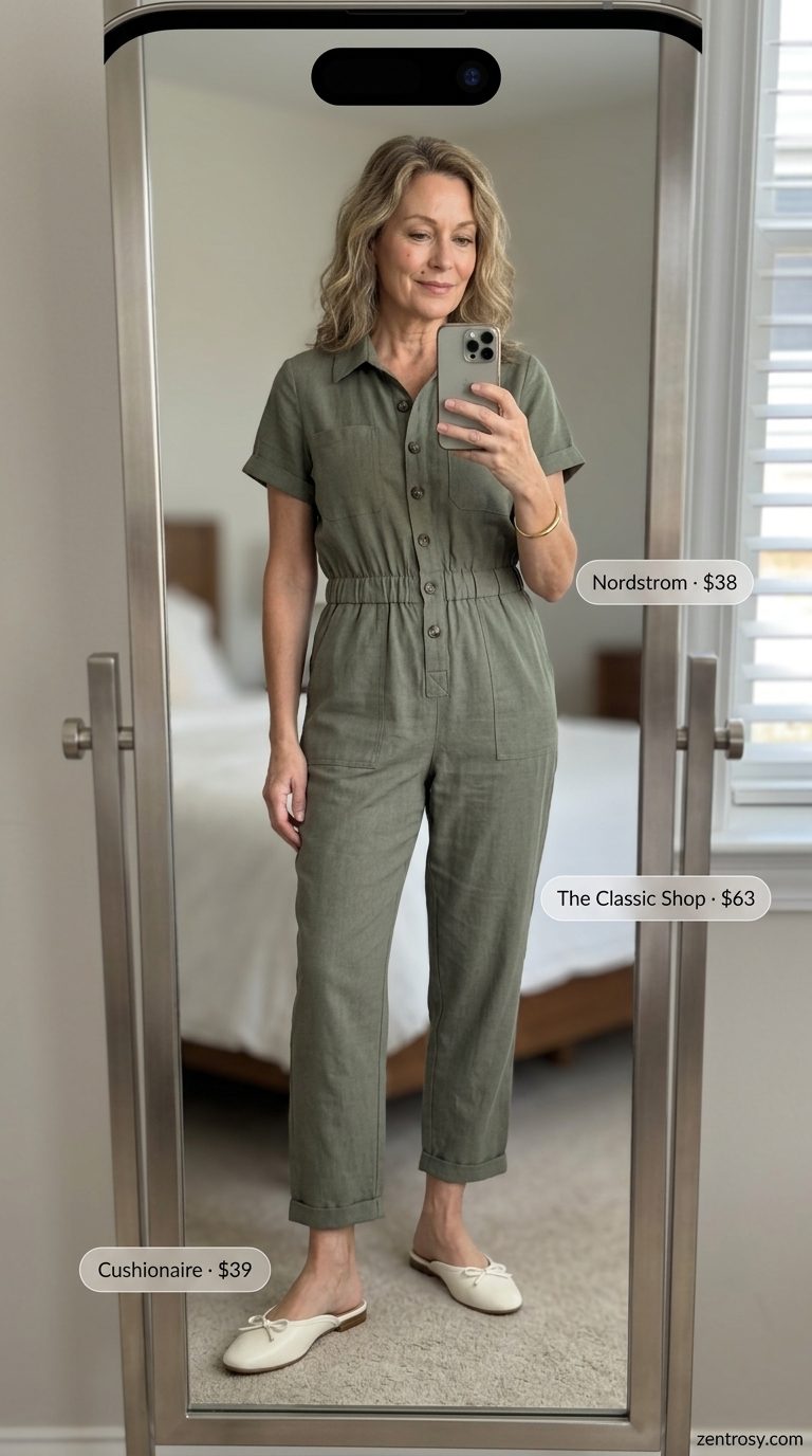 Comfortable summer outfit for women over 60 2026: Olive green linen utility jumpsuit with flat mules.