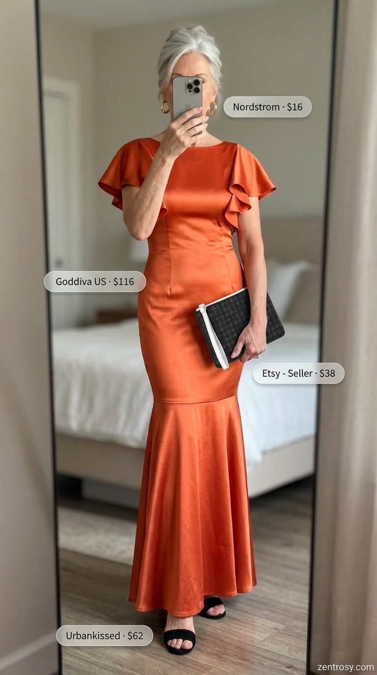 Comfortable summer outfit for women over 60 2026: Mango orange maxi dress with black heels and clutch.