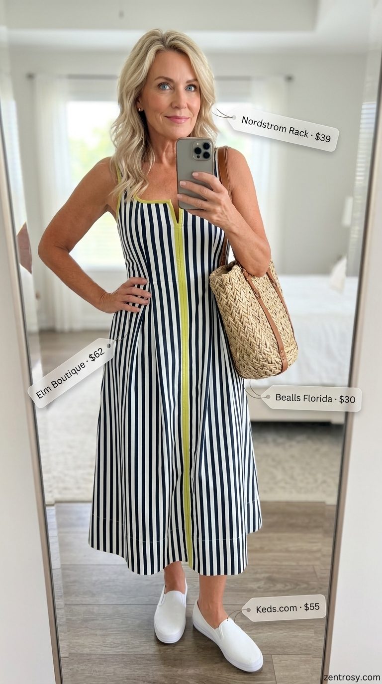 Comfortable summer outfit for women over 60 2026: Navy and white stripe sundress with canvas sneakers.
