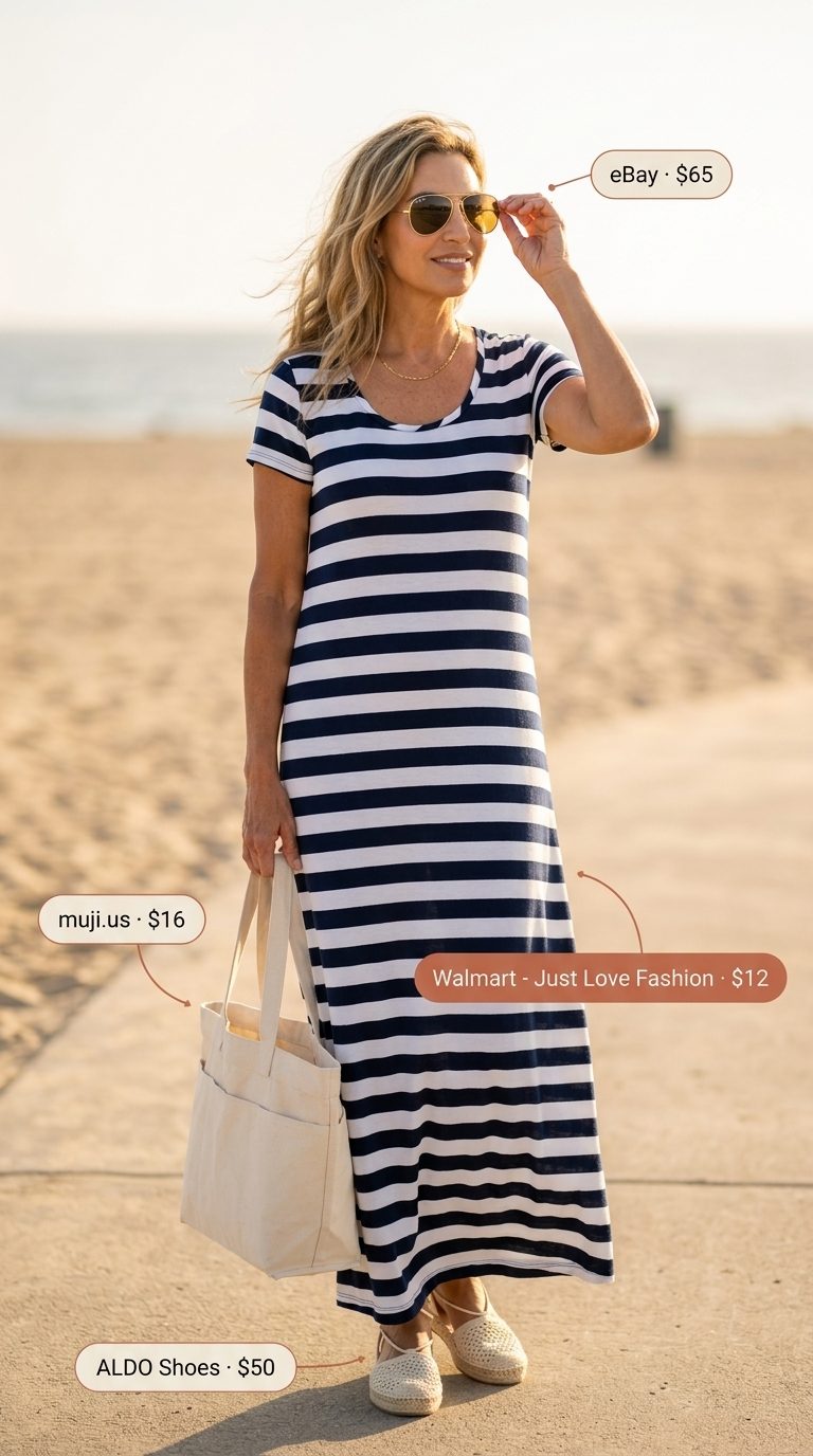 Comfortable summer outfit for women over 60 2026: Navy and white striped maxi t-shirt dress with espadrilles.