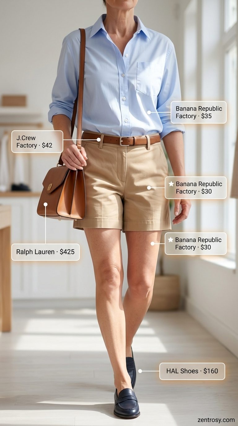 Comfortable summer outfit for women over 60 2026: Beige chino shorts, light blue button-down, navy loafers for a polished look.