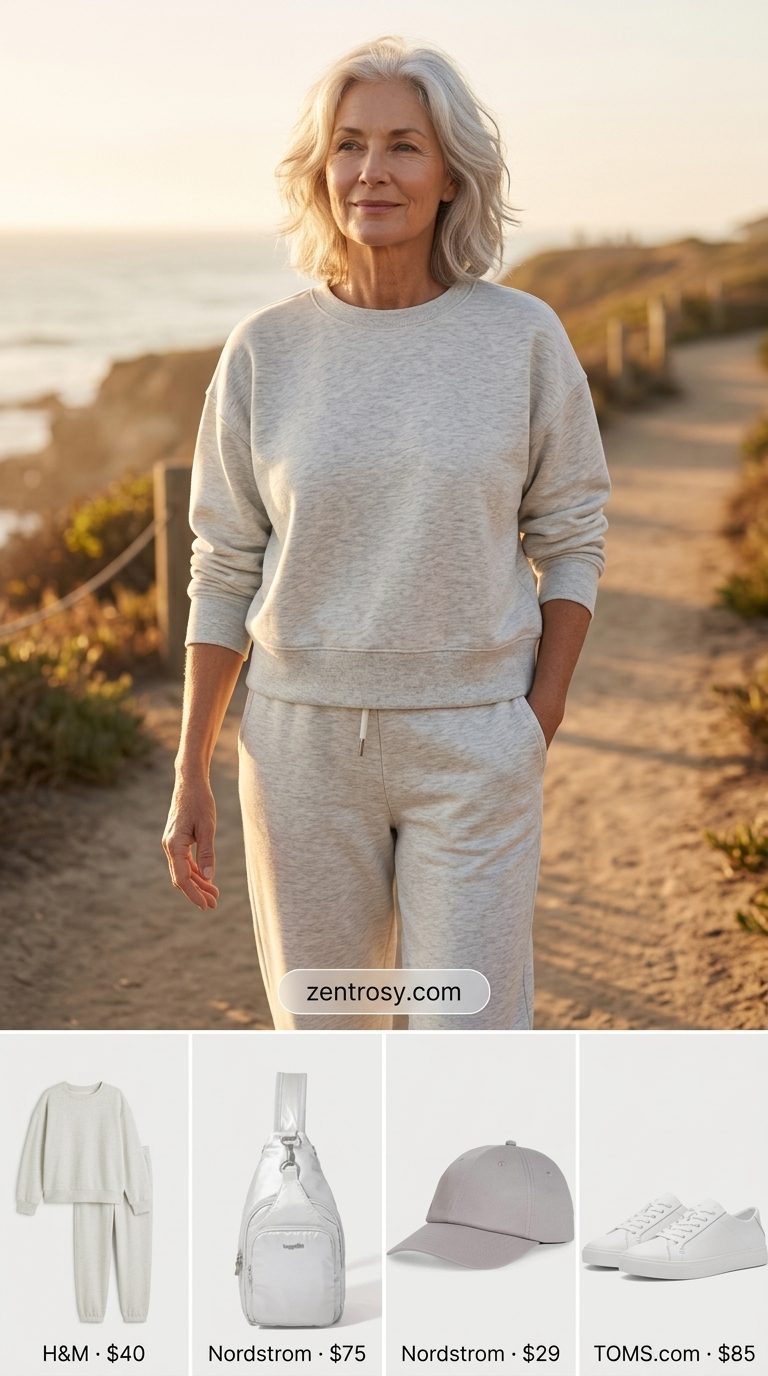 Comfortable summer outfit for women over 60 2026: Grey knit set, sneakers, crossbody bag. Sporty & relaxed.