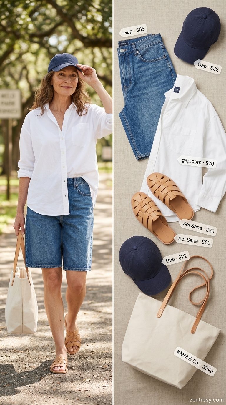 Comfortable summer outfit for women over 60 2026: Denim shorts, white oversized shirt, tan sandals. Casual & laid-back.