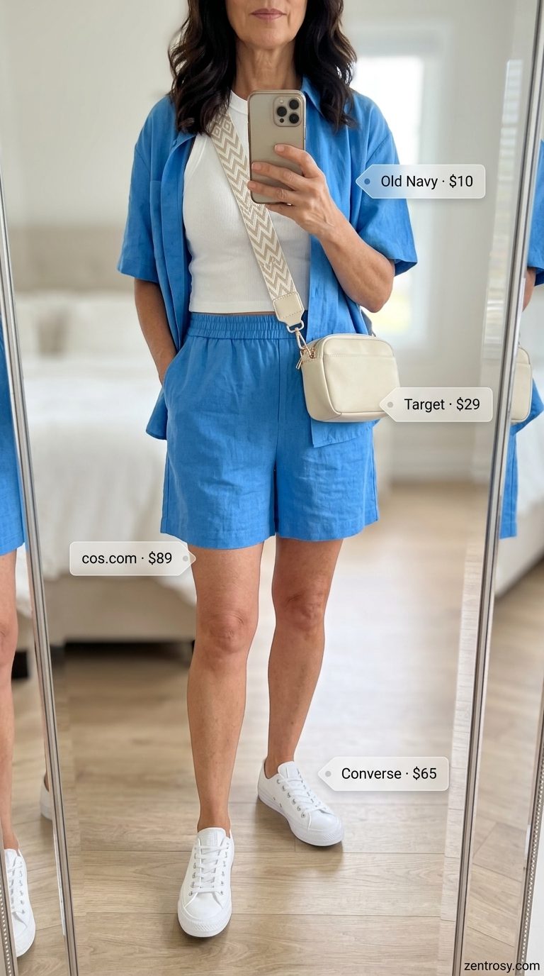 Comfortable summer outfit for women over 60 2026: Sky blue linen shorts set, white tank, sneakers. Polished & effortless.