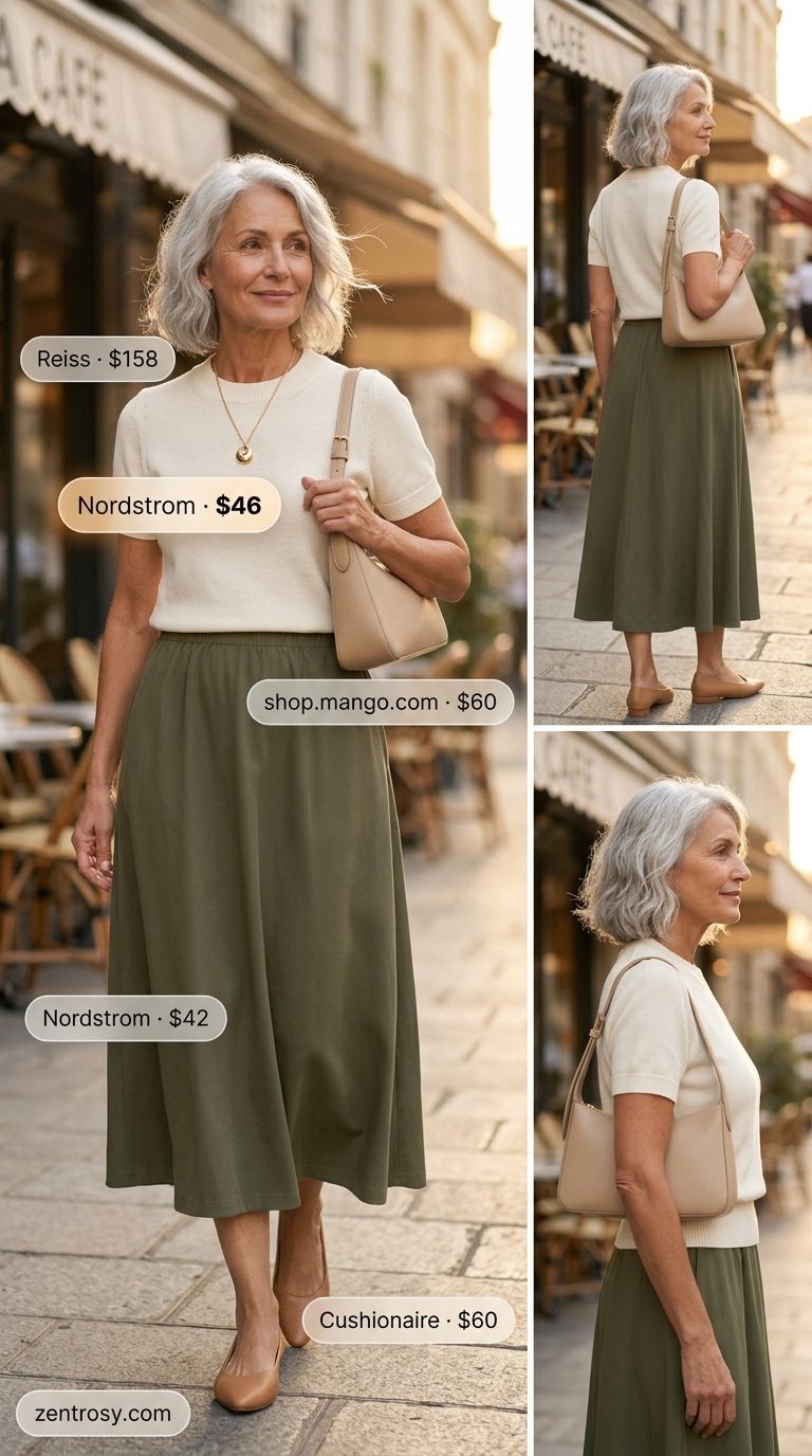 Comfortable summer outfit for women over 60 2026: Olive midi skirt, cream knit top, ballet flats. Sophisticated & feminine.