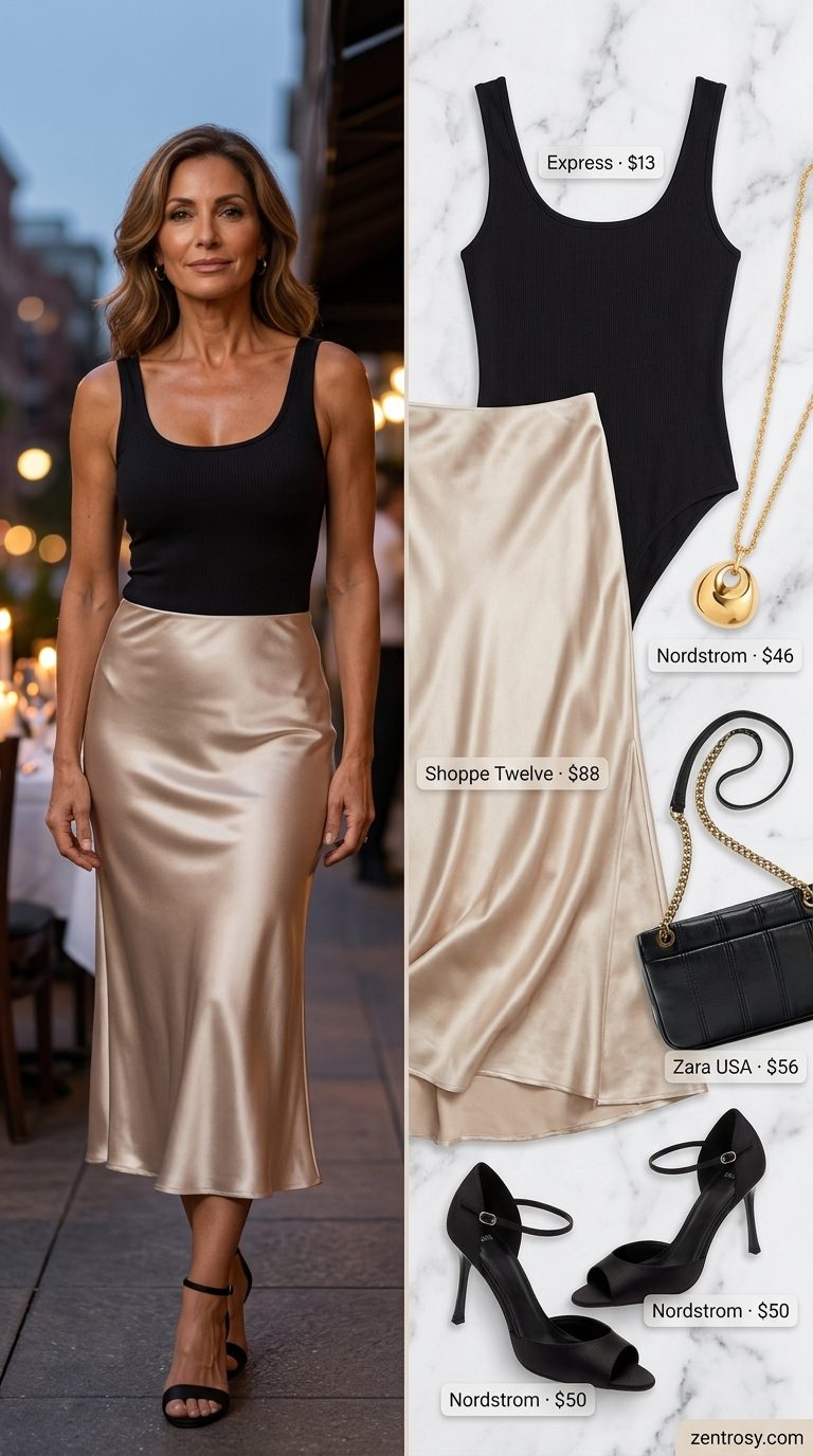 Comfortable summer outfit for women over 60 2026: Champagne silk skirt, black bodysuit, gold heels. Elegant & sophisticated.