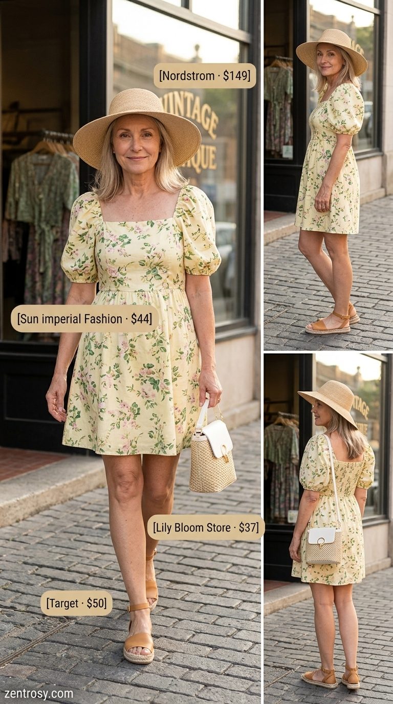 Comfortable summer outfit for women over 60 2026: Yellow floral sundress, straw hat, espadrilles. Playful & feminine.