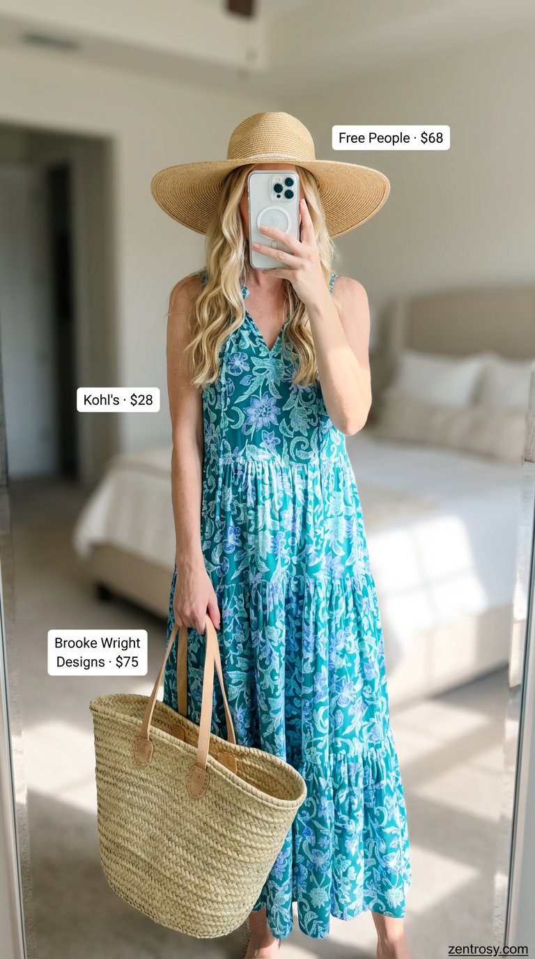 Boho Beach Day: Comfy Casual Summer Outfits 2026 A turquoise floral tiered maxi dress with espadrille sandals, a straw hat, and woven tote bag for comfy casual summer outfits 2026. Perfect for beach days.