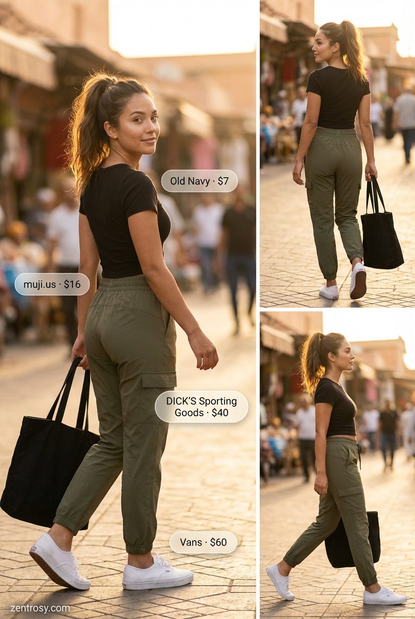 Urban Explorer: Comfy Casual Summer Outfits 2026 High-waisted olive green cargo pants with a black ribbed crop top and white low-top sneakers create stylish comfy casual summer outfits 2026 for urban exploration.