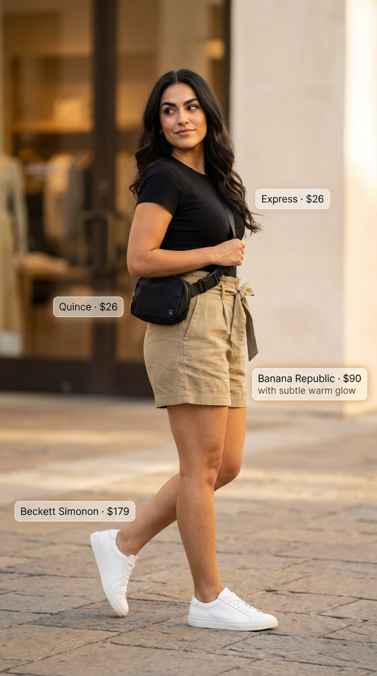 Chic City Break Comfy Outfits 2026 City Break Chic comfy casual summer outfits 2026 featuring khaki paperbag shorts, a black t-shirt, black belt bag, and white sneakers for city sightseeing or shopping.